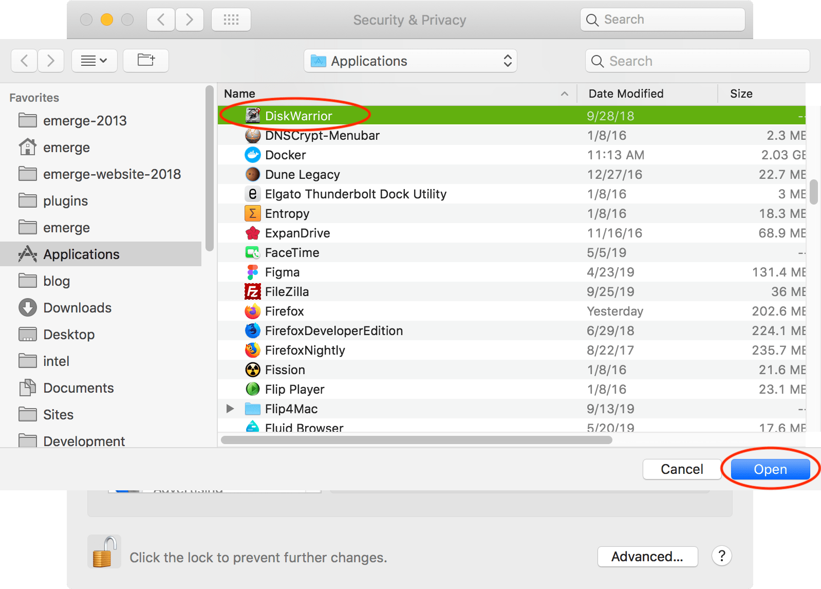 The + button action in Privacy tab in Security & Privacy Preference pane in the System Preferences 