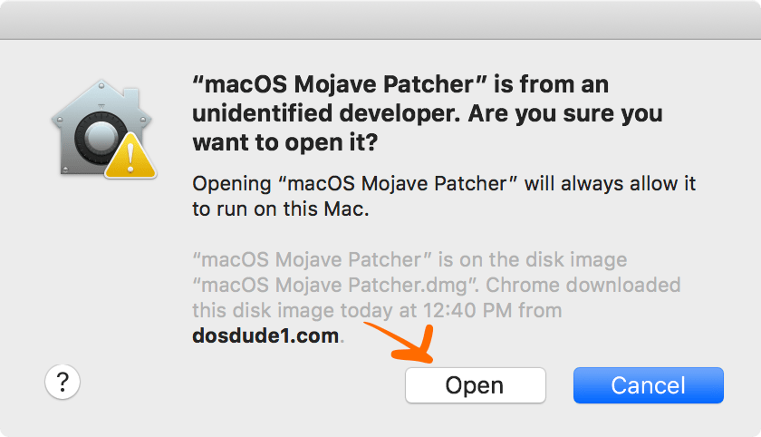 macOS Mojave Patcher is from an unidentified developer. Are you sure you want to open it?