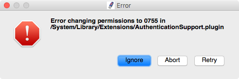 Error changing permissions in 0755 in /System/Library/Extensions/AuthenticationSupport.plugin 