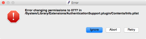 Error changing permissions in 0777 in /System/Library/Extensions/AuthenticationSupport.plugin/Contents.plist