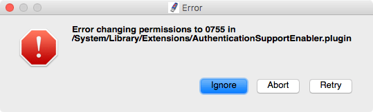 Error changing permissions in 077 in /System/Library/Extensions/AuthenticationSupportEnabler.plugin
