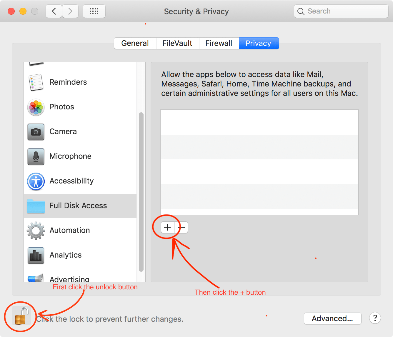  Privacy tab in Security & Privacy Preference pane in the System Preferences 