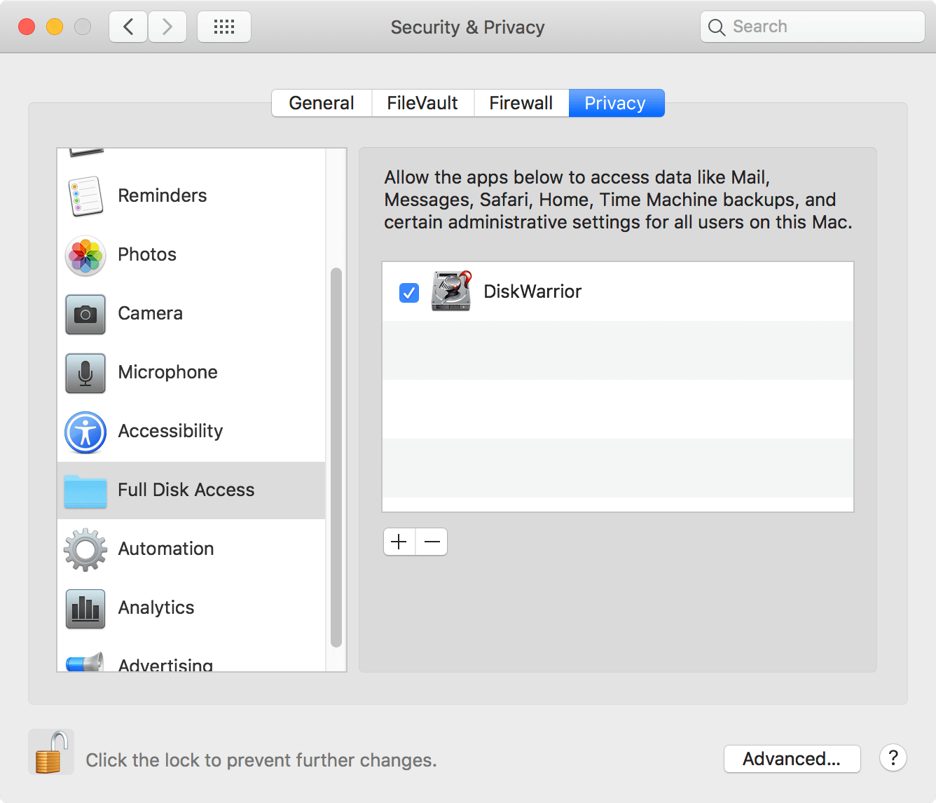 Diskwarrior in Full Disk Access in Privacy tab in Security & Privacy Preference pane in the System Preferences 